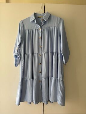 Light Blue Tiered Shirt Dress One Size S/M Button Front